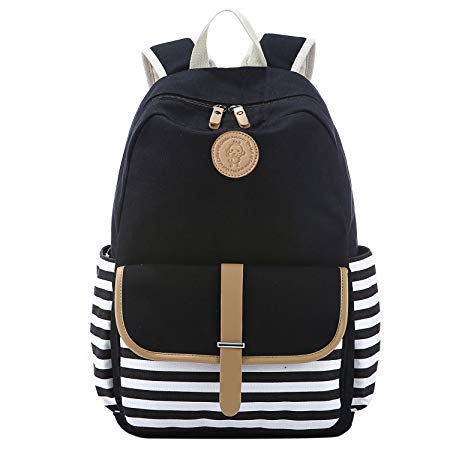 S-ZONE French Breton Nautical Striped Backpack Rucksack Marine Sailor Navy Stripy School Bags for Teenager Girls (A-Black)