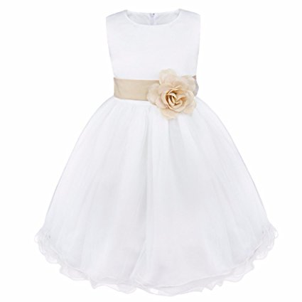 FEESHOW Satin Bodice White Communion Flower Girl Wedding Party Pageant Dress