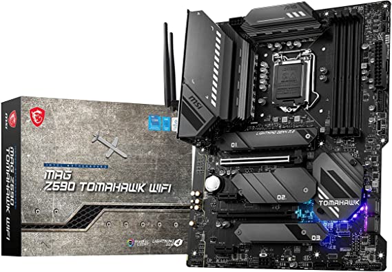 MSI MAG Z590 TOMAHAWK Wi-Fi Gaming Motherboard ATX - Supports Intel Core 11th Gen Processors, LGA 1200 – Mystic Light, 60A VRM, DDR4 Boost (5333MHz/OC), 1 x PCIe 4.0 x16, 3 x M.2 Gen4/3 x4, Wi-Fi 6E