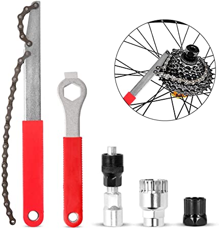 Odoland Bike Chain Removal Tool Kits, Including Bike Crank Extractor, Spanner, bracket remover, Bicycle Flywheel Chain Sprocket Remover Tool and Cassette Lockring Removal Tool (Red)