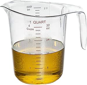 Restaurantware RW Base 1 Quart Measuring Jar 1 Durable Measuring Beaker - Metric And Imperial Units V-Shaped Spout Clear Plastic Measuring Cup Handle With Thumb-Grip Tolerates Up To 248F