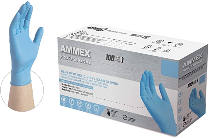 AMMEX Medical Stretch Synthetic Blue Vinyl Gloves, 3 Mil, Box of 100, Size Small, Latex Free, Powder Free, Non-Sterile, Food Safe, VSBPF42100-BX