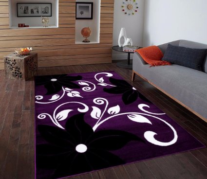 T1014 Purple Black White 7'10 x 10'2 Floral Oriental Area Rug Carpet