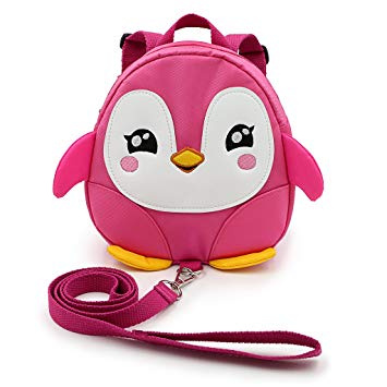 Hipiwe Baby Toddler Walking Safety Backpack Little Kid Boys Girls Anti-lost Travel Bag Harness Reins Cute Cartoon Penguin Mini Backpacks with Safety Leash for Baby 1-3 Years Old (Pink)