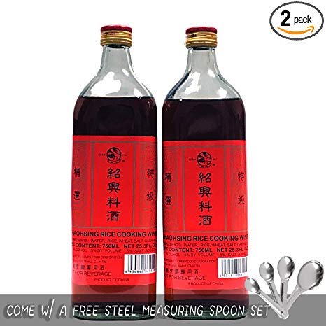 Qian Hu Chinese Shaohsing Rice Cooking Wine (Red) - 750ml | 2 Pack w/FREE Steel Measuring Spoon Set