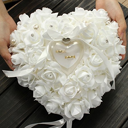 Yosoo Wedding Ring Pillow Heart Box With Ribbon Pearl Wedding Ceremony For Wedding Supplies Gift