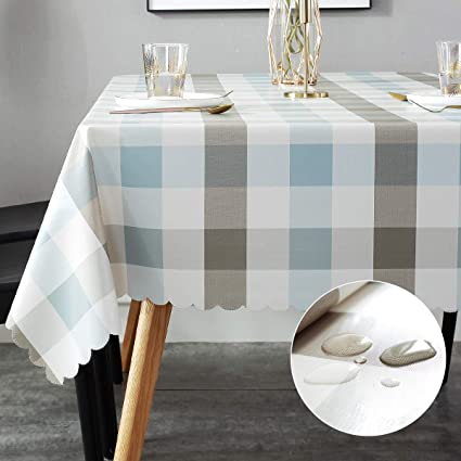 LOHASCASA Vinyl Oilcloth Tablecloth Oblong Spillproof Waterproof Wipeable Thick PVC Plastic Oblong Tablecloths for Dining Table Eid Tablecloths - Blue Grey Tan Plaid 54 x 84 Inch