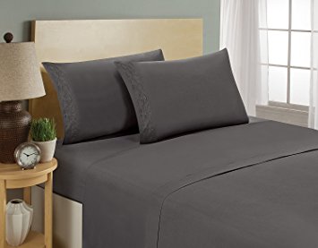 Elegant Comfort 1500 Thread Count SCROLL DESIGN Egyptian Quality Luxurious Silky Soft WRINKLE & FADE RESISTANT 4 pc Sheet set, Deep Pocket Up to 16" - All Size and Colors, Queen Gray