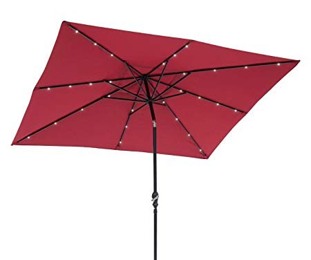 Sun-Ray 811025 9'x7' Rectangular 8-Rib Solar Patio Umbrella, 32 LED Lights, Crank and Tilt, Aluminum Frame, Scarlet/Red