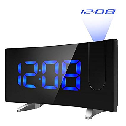 PICTEK Projection Alarm Clock, Alarm Clock with 5-inch Large Curved LED Dimmable Screen, 12/24 Hour Digital Ceiling Clock with FM Radio, Sleep Timer with Dual Alarms (Blue126)