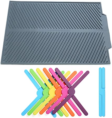 To encounter Silicone Dish Drying Mat - Large 20" x 16" - Flexible Kitchen Dish Drain Mat - Sink Mat - Heat Resistant Silicone Counter top Mat with 6 Pieces Silicone Trivet (1 large  6 mix color)