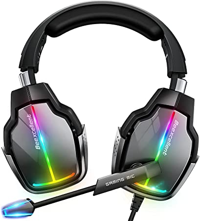 Beexcellent Gaming Headset for PS4 PS5 Xbox One, with 7.1 Surround Sound & Noise-Cancelling Mic, RGB Light Modes