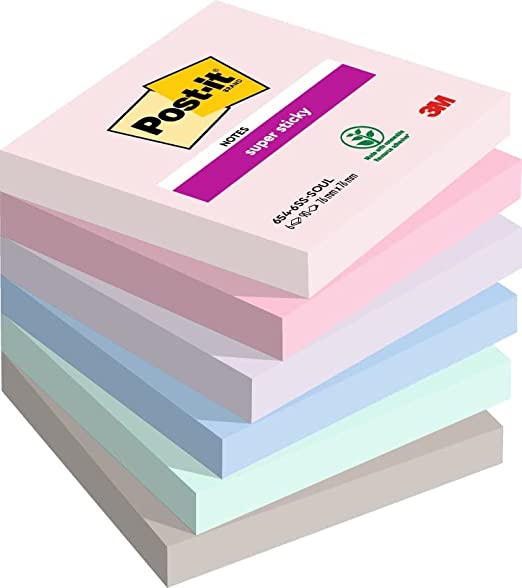 Post-it Super Sticky Notes Soulful Color Collection, Pack of 6 Pads, 90 Sheets per Pad, 76 mm x 76 mm, Pink, Purple, Green, Grey, Blue - Extra Sticky Notes For Note Taking, To Do Lists & Reminders