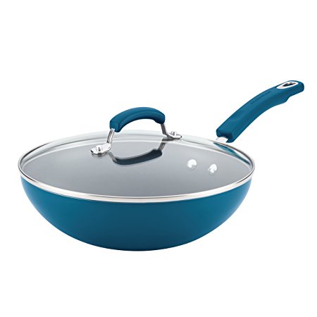 Rachael Ray Aluminum Nonstick Stir Fry Pan with Glass Lid, 11", Marine Blue