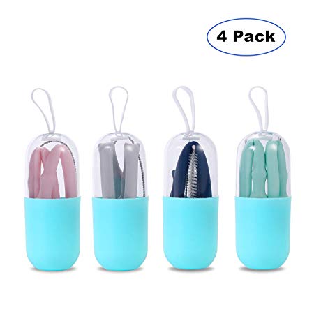 Silicone Straw Drinking Reusable - Folding, Flexible, and Portable Straws for Travel Home and Office, Food-Grade Collapsible Straws with Cases and Cleaning Brushes BPA Free, Eco Friendly (4 PACK)