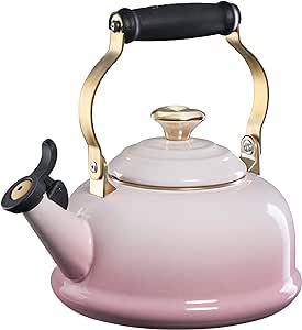 Le Creuset Enamel On Steel Whistling Tea Kettle w/Figural Heart Knob, Shell Pink