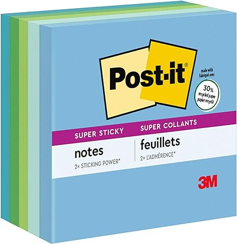 Post-it Super Sticky Recycled Notes, 3x3 in, 5 Pads, 2x the Sticking Power, Poptimistic, Bright Colors, 30% Recycled Paper (654-5SST)