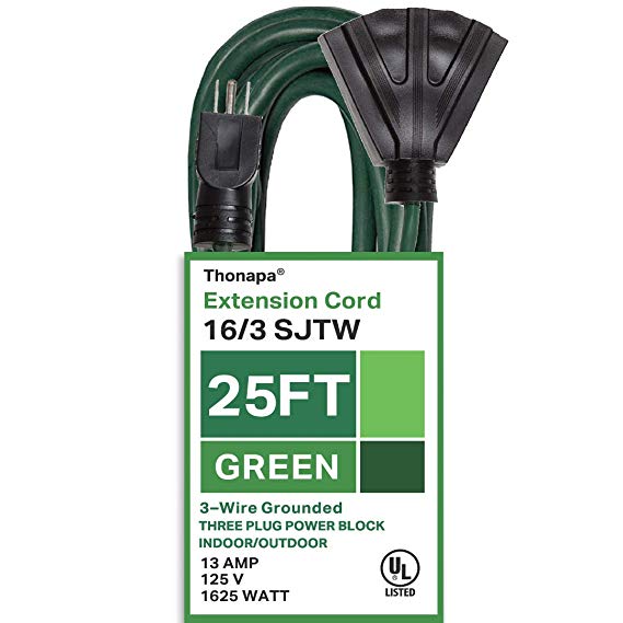 Thonapa 25 Ft Outdoor Extension Cord with 3 Electrical Power Outlets - 16/3 SJTW Durable Green Cable - Great for Garden and Major Appliances