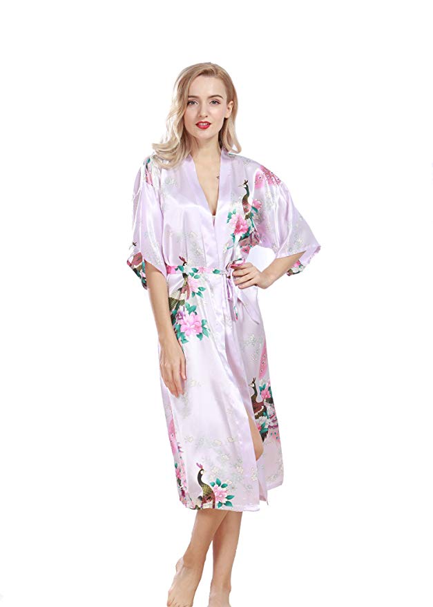 U2SKIIN Women's Kimono Robe with Printed Peacock Long Silky Sleepwear Short Sleeve