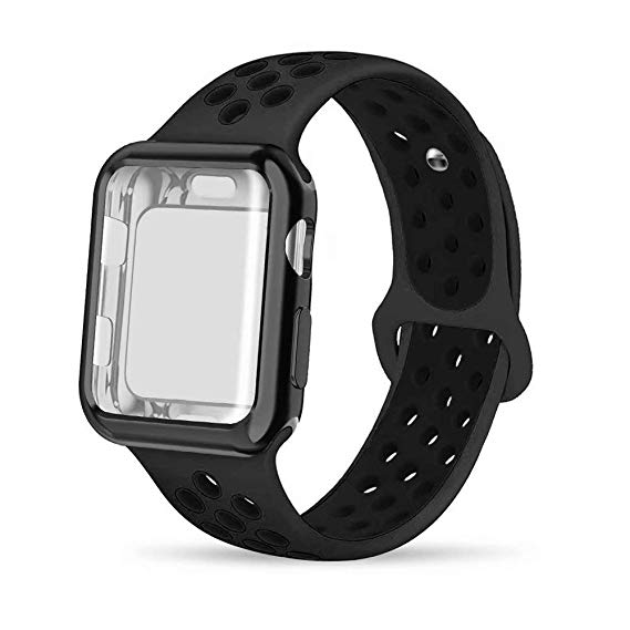 INTENY Compatible for Apple Watch Band 38mm 40mm 42mm 44mm with Case, Soft Silicone Sport Wristband with Apple Watch Screen Protector Compatible for iWatch Apple Watch Series 1,2,3,4