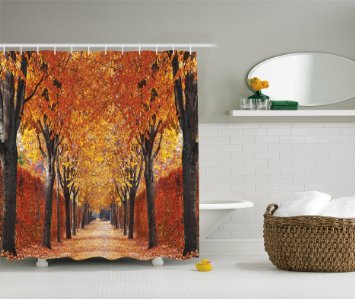 Nature Shower Curtain by Ambesonne, Fall Road in Park Autumn Leaves Distance Perspective Foliage Forest Theme, Digital Print Polyester Fabric Bathroom Set, Red Brown Orange Multicolored