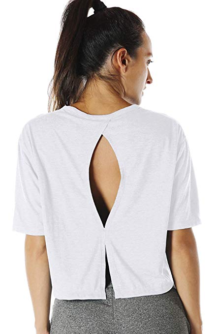 icyzone Open Back Workout Top Shirts - Yoga t-Shirts Activewear Exercise Crop Tops for Women