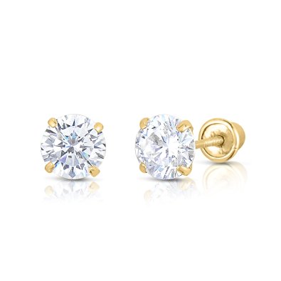 14k Yellow Gold Round Solitaire 5mm CZ Four-prong Basket Stud Earrings with Secure Screw-backs