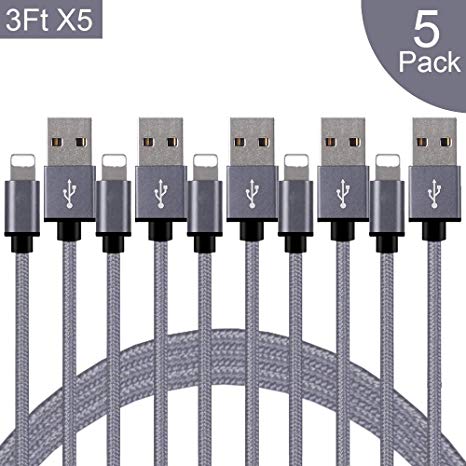 MFi Certified iPhone Charger Lightning Cable 5 Pack[3 FT] Nylon Braided USB Charging & Syncing Cord Compatible with iPhone Xs/Max/XR/X/8/8Plus/7/7Plus/6S/6S Plus/SE/iPad/More