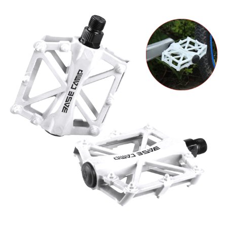 BASECAMP 1 pair of Pro Aluminum Alloy Bike Pedals Light Stable Robust Fashionable Safe Flat Platform for Road Mountain Bike Cycling Race Bicycle MTB Color White