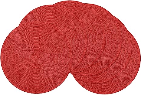 SHACOS Round Braided Placemats Set of 6 for Dining Table Round Placemat 15 inch Round Table Mats Washable Indoor Outdoor(Red, 6)
