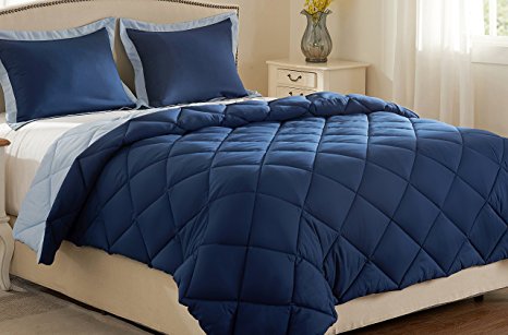 Millihome Lightweight Down Alternative Reversible Queen Comforter Set, Navy Blue (3-Piece)