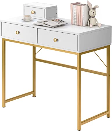 LYNSLIM White and Gold Vanity Desk with 3 Drawers - 31” Modern Simple Writing Study Desk for Home Office Computer Notebook PC Workstation Table, Wood & Metal