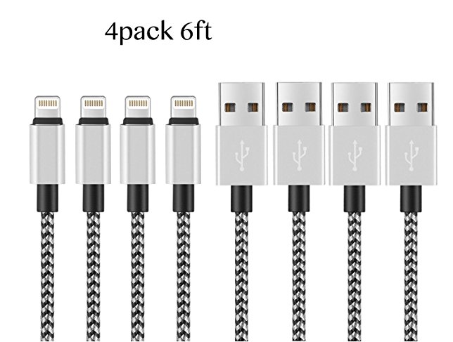 VVinRC 4Pack 6Feet Nylon Braided Lightning Cable to USB Charging Charger for iPhone 7/ 7 Plus/ SE/ 6s/ 6 /6 Plus/ 6s Plus/ 5s/ 5c/ 12/ iPad Air/ Mini/ iPod Nano/ Touch (Red) (Gray)