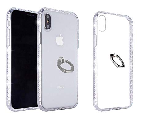 iPhone X Clear Soft TPU Shockproof Built-In Metal Ring Grip Holder Invisible Armor Lightweight Case with Glitter Bling Crystal Around Frames (for iPhone X)