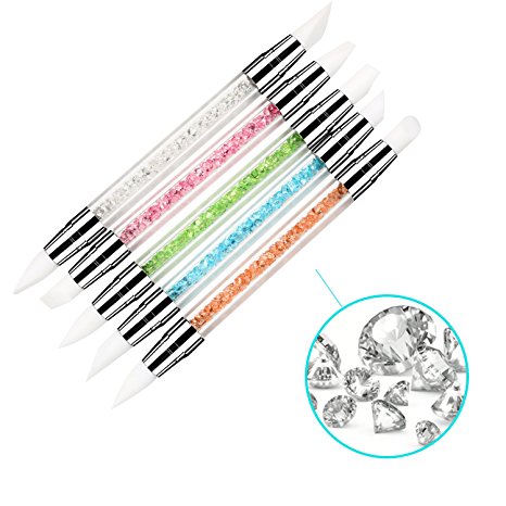 PrettyDiva 5Pcs Silicone Nail Art Brushes Gel Carving Pen Pencil Tool Set With Acrylic Rhinestone Handle