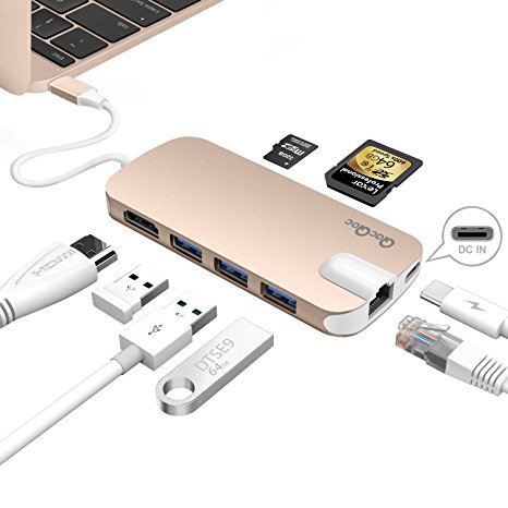 GN30H USB C Hub Shuttle Type C Hub with Power Delivery for Charging ,HDMI Output ,Card Reader, 3 USB 3.0 Ports,Gigabit Ethernet Port Adapter with PD Specification for MacBook 12-Inch Aluminum Alloy Build (Gold)