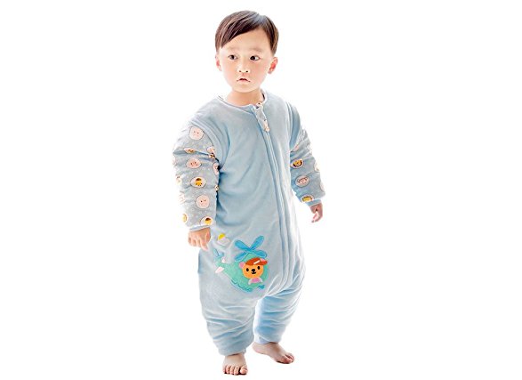Quavey Winter Baby Sleeping bag Cotton Wearable Blanket Long Sleeves With Feet Baby(Blue,Medium)