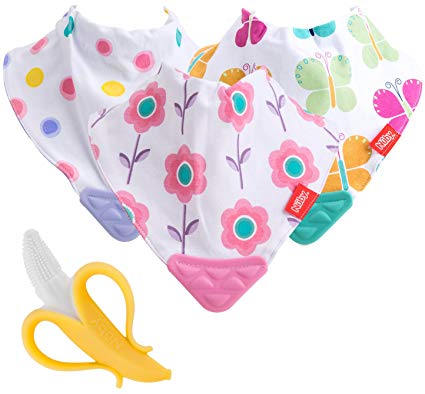 Nuby Reversible 3 Piece Teething Bib with Bonus Teething Toothbrush, Multi