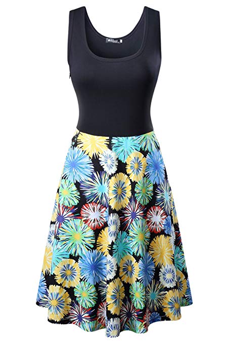 Women's Vintage Scoop Neck Floral Print Sleeveless A-line Cocktail Party Tank Dress
