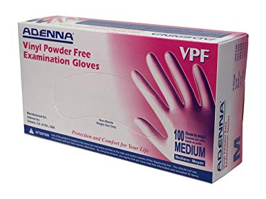 Adenna VPF 3.5 mil Vinyl Powder Free Exam Gloves (Translucent, Medium) Box of 100