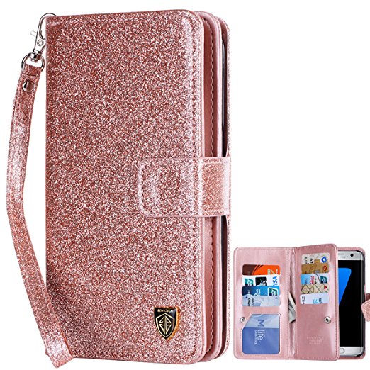 Galaxy S7 Edge Case,S7 Edge Wallet Case,BENTOBEN Luxury Shiny Bling Flip Folio Wallet Case Credit Card Slots Cash Holder Nickel Plated Press Stud Wrist Strap Magnetic Snap Closure, Rose Gold