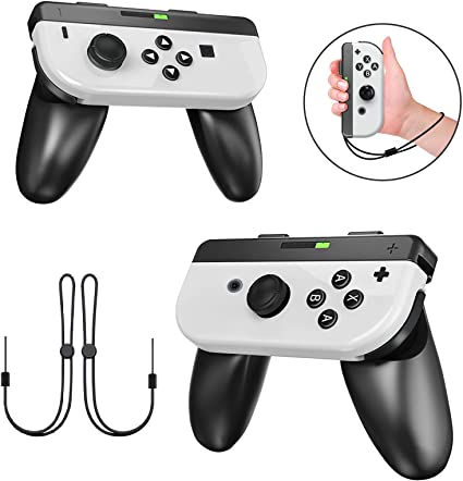 AKNES Joy-Con Grips Compatible With Switch & Switch OLED, 2 in 1 Detachable Comfort Handle Grips with Wrist Strap for Switch JoyCon, 2 Pack - Black