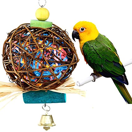 Parrot Chewing Toy for Small Medium Birds by QIBOX Natural Hand-made Chewing Hanging Toy, Rattan Ball Cage Toy Preening Toy for Bird Parrot African Budgie Macaw Parakeet Cockatiel Lovebird Cage Toy