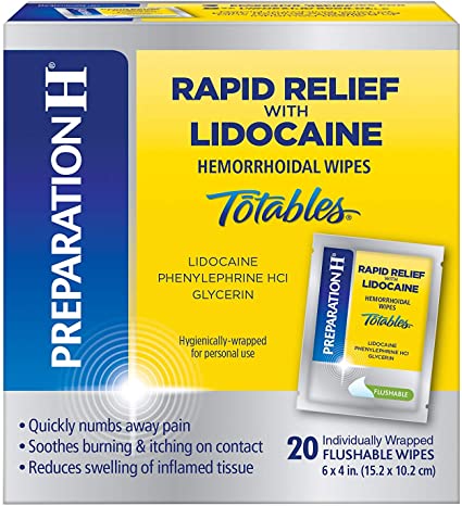 PREPARATION H Rapid Relief with Lidocaine Hemorrhoid Symptom Treatment Flushable Wipes, Numbing Relief for Pain, Burning & Itching, Reduces Swelling, 20 Count