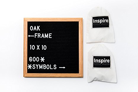 Premium Retro Letter Board 10x10 Inch with Black Felt & Oak Frame - Changeable Characters with 600 White Letters - FREE Canvas Drawstring Storage Bag & Mounting Hook