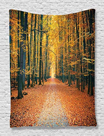 Ambesonne Forest Tapestry Fall Trees Decor, Romantic Autumn Alley in The Woods and Forest Picture Print, Bedroom Living Girls Boys Room Dorm Accessories Wall Hanging Tapestry, Olive Brown Paprika