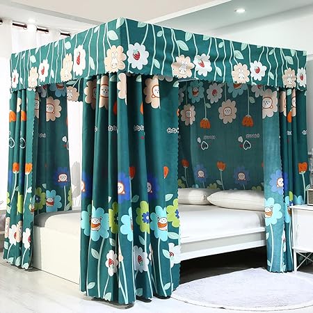 Obokidly Princess 4 Four Corner Post Bed Curtain Canopy Cute Net Canopies for Girls Boys Kids Teens Girl Adult Home Bedroom Decoration (Green-Cute Flower, King)