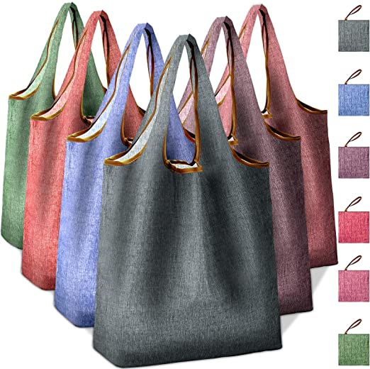 Reusable Grocery Bags Foldable Shopping Bag Reusable Tote Groceries Bags with Pouch Bulk 6 Pack Ripstop Fabric Washable Durable Lightweight