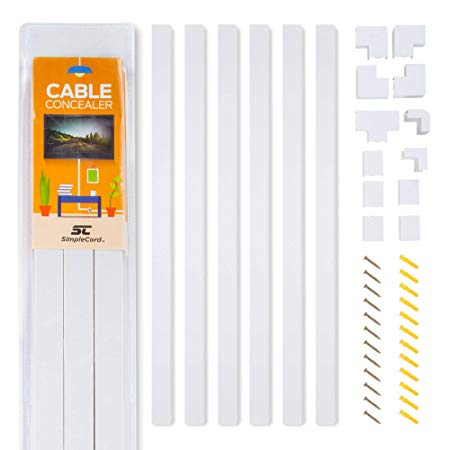 Simple Cord Cable Concealer On-Wall Cord Cover Raceway Kit - Cable Management System to Hide Cables, Cords, or Wires - Cord Organizer for Wall Mounted TVs Computers in the Home or  Office (Renewed)