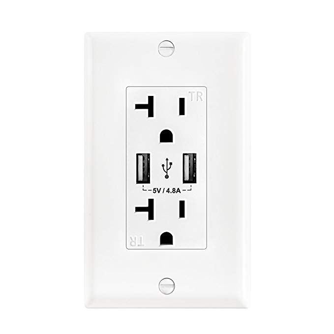 Wall Electrical Outlet with 5V/4.8A Dual High Speed USB Charger,20A Tamper-Resistant Receptacle Outlet White Color 1 Pack